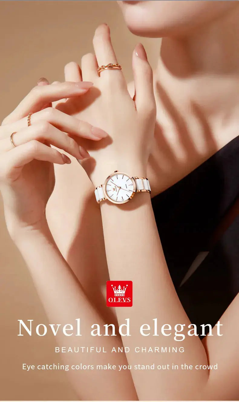 OLEVS women's wristwatch with rose-gold case and white strap; logo visible