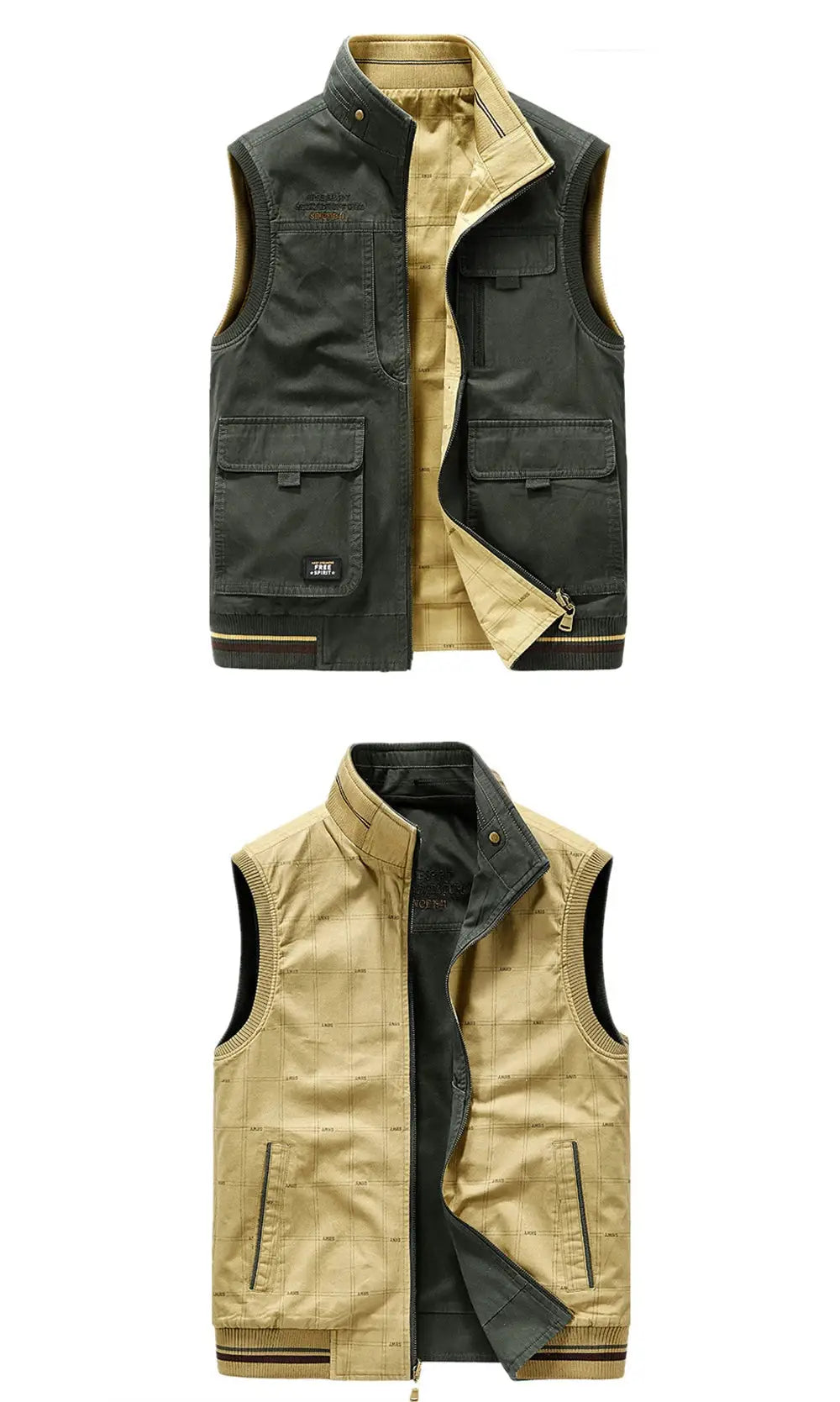 Simples Market men's cotton vest, double-sided fishing waistcoat with multiple pockets, olive outer and tan inner, 8XL