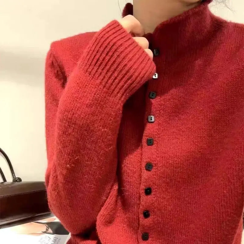 CozyWear Women's Standup Collar Cardigan Sweater Heavyweight Knit Single Breasted Autumn Outerwear