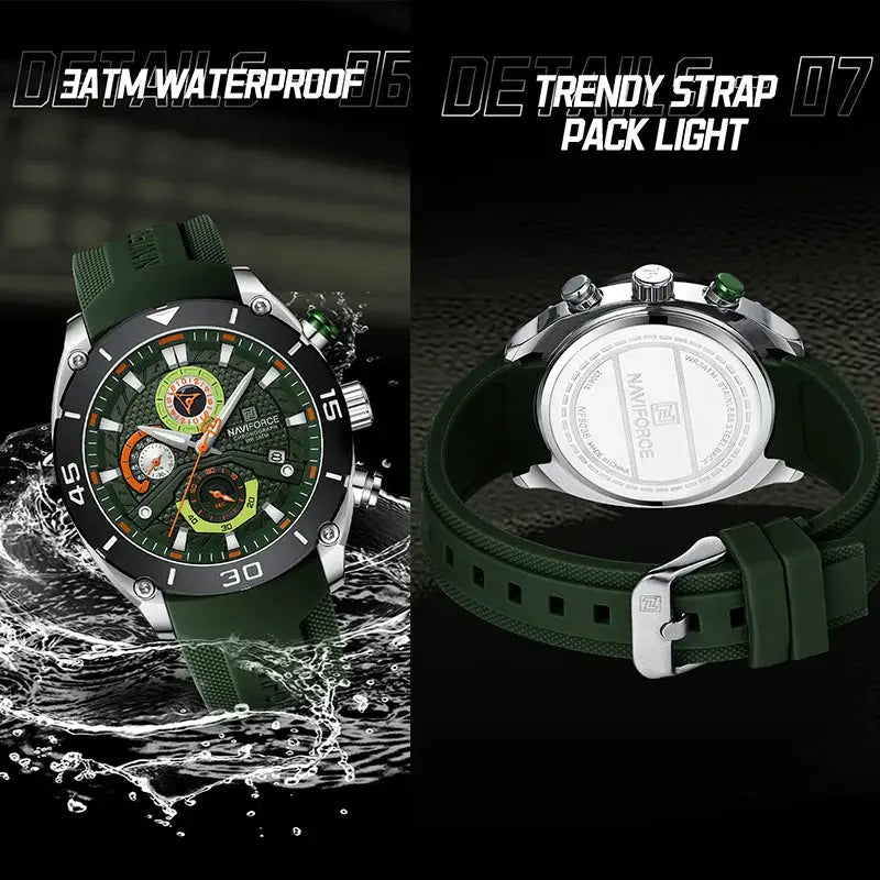 NAVIFORCE men's sport watch with green silicone strap, chronograph features, luminous dial and waterproof design