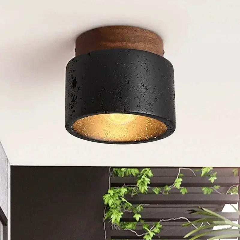 Wabi-sabi ceiling lamp black cave-stone finish with gold interior, ceiling-mounted porch/balcony light