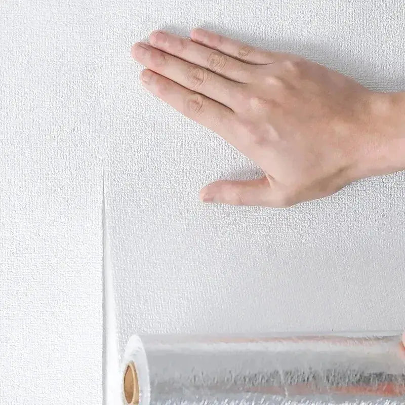 50cm self-adhesive foam wall panel in white with 3D linen PVC texture, removable