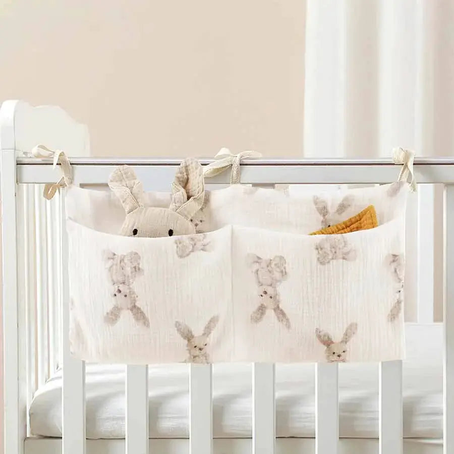 Two Pocket Baby Bedside Hanging Storage Bag Attaches to Crib Stroller Breathable Cotton Organizer for Diapers and Toys