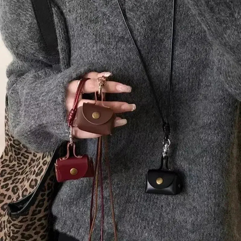 Lats Retro Cute Small Leather Bag Necklace For Women Long Rope Chain Jewelry Gift