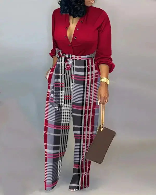 Women's two-piece outfit: red button-down top with plaid belted wide-leg pants by Simples Market