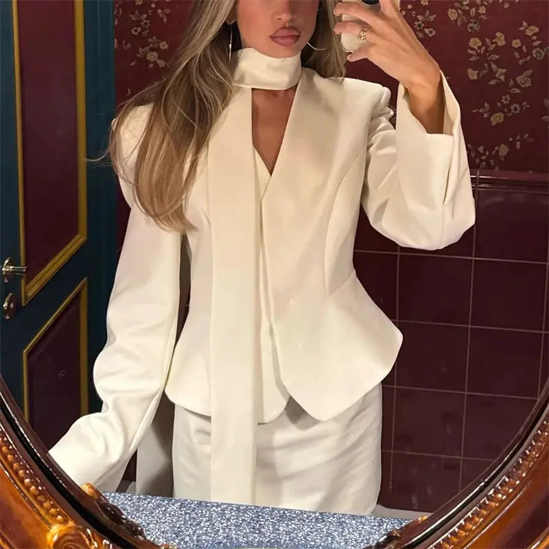 Tuularose 3 Piece Dress Set V Neck Striped Ribbon Blazer Slim Dress