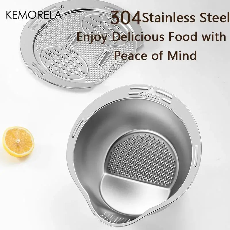 KEMORELA 2-In-1 Wash and Cut Vegetable Drain Bowl Stainless Steel 304 Rice Washing Bowl and Fruit and Vegetable Strainer
