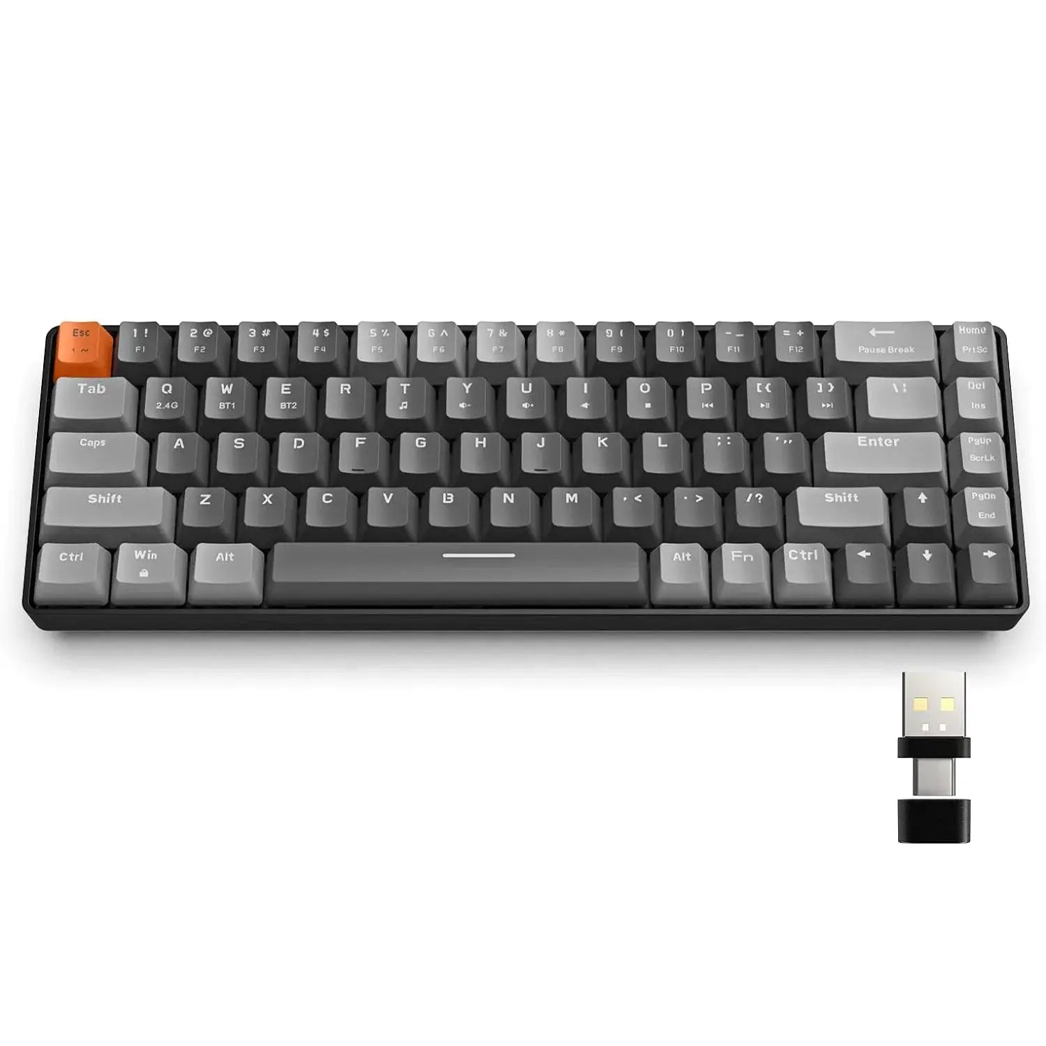 RK68 60% wireless mechanical keyboard with gray keycaps and orange Esc key; includes USB dongle.