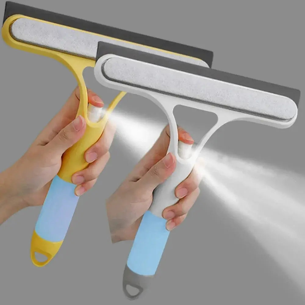 3-in-1 window cleaning squeegees with spray bottles and microfiber scrub, yellow and white handles (2 shown)