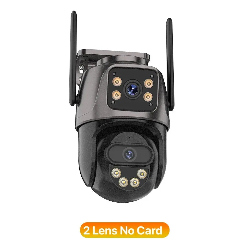 Outdoor WIFI IP camera with dual-lens PTZ, black finish and two antennas.