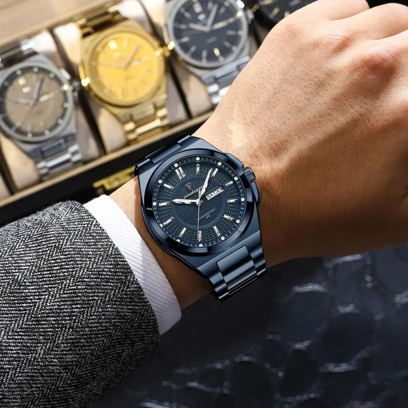 POEDAGAR blue stainless steel men's wristwatch with date window and luminous markers