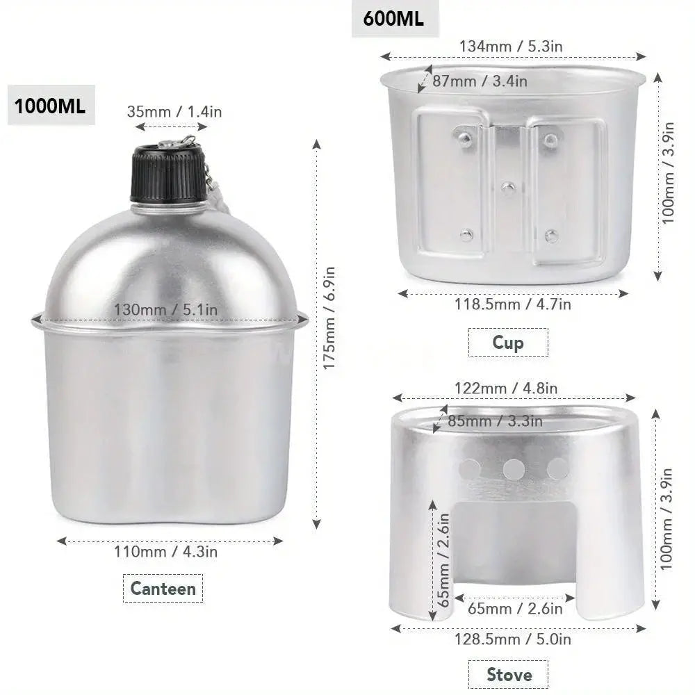 4-piece military aluminum canteen cookware set with grab-handled cup and stove.
