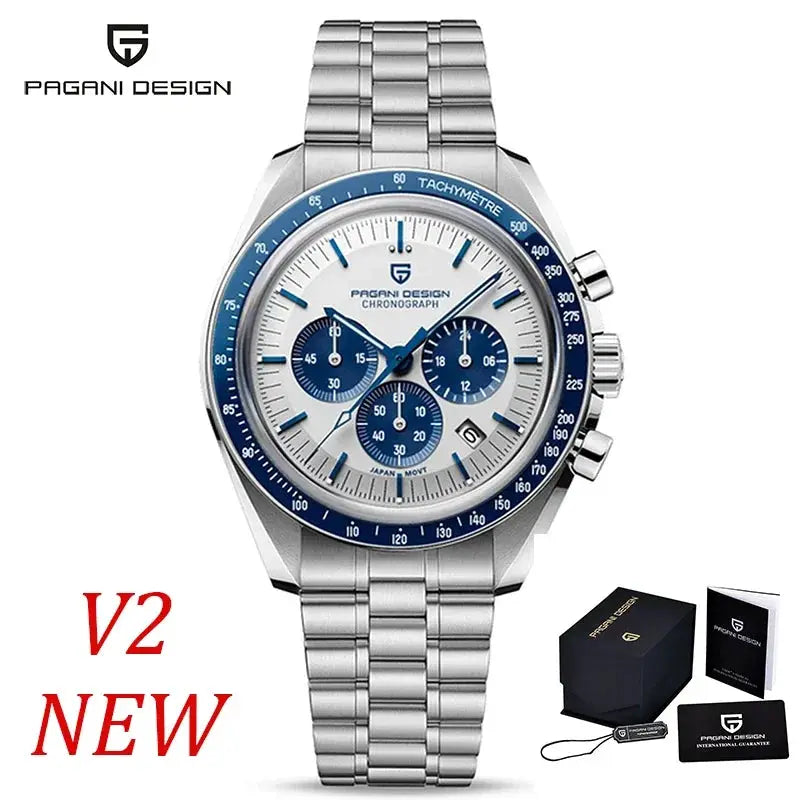 Pagani Design men's chronograph watch with blue ceramic bezel, white dial, blue subdials, stainless steel bracelet