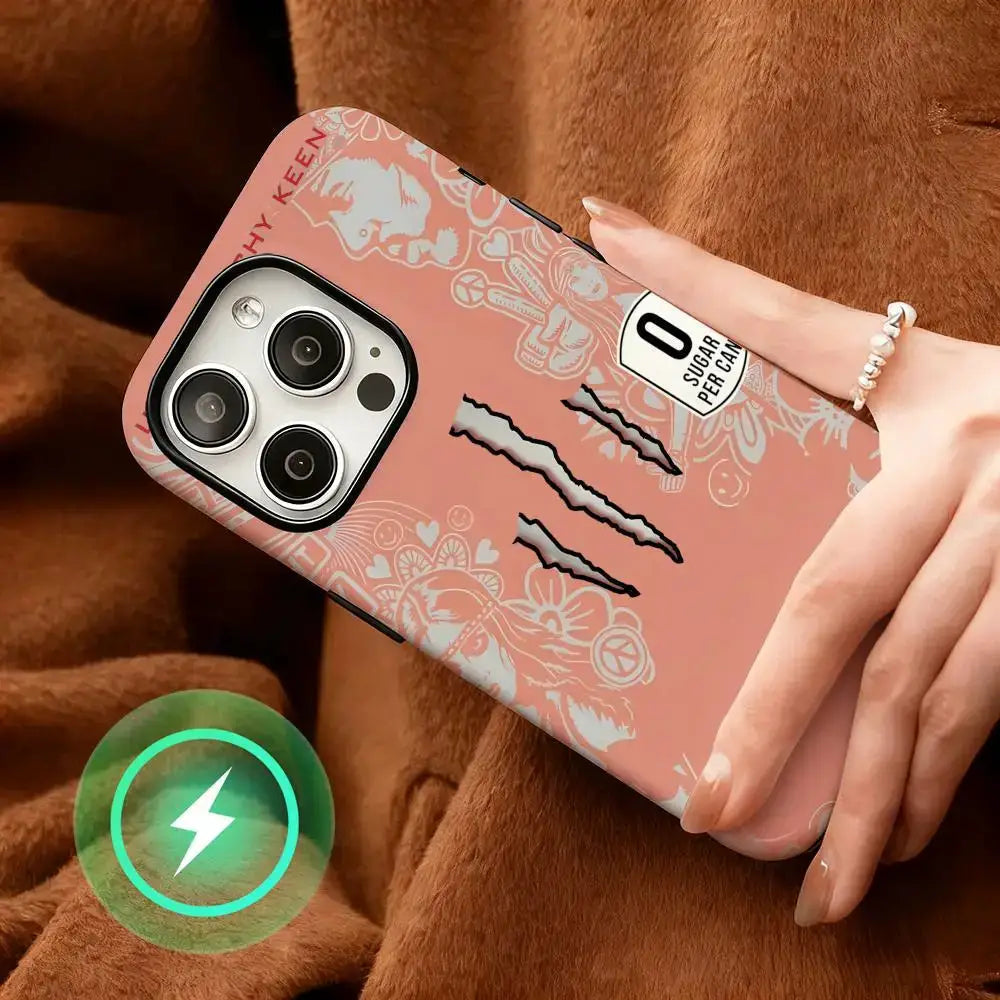 M-MonsterES pink glossy 2-in-1 magnetic phone case for iPhone with energy-drink motif