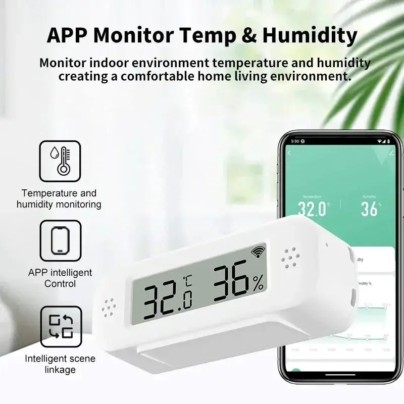 Tuya WiFi Temperature Humidity Sensor by Simples Market; white device shows 32.0°C and 36% humidity with app control
