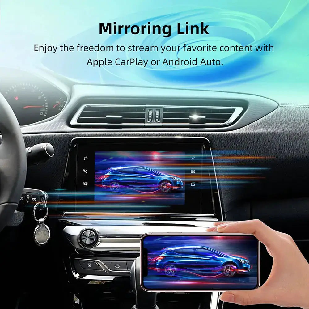 Wireless CarPlay/Android Auto adapter for Peugeot/Citroën SMEG MRN 2013–2018; mirrors content to the car touchscreen.