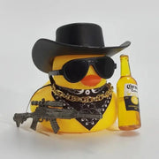2-item Cowboy rubber duck car ornament; yellow duck with black hat, sunglasses, bandana, toy rifle, Corona bottle