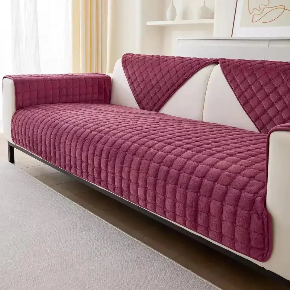Simples Market purple quilted sofa cover set with grid pattern and non-slip backing for seat, backrest and armrests.