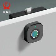 KAK biometric fingerprint lock in black for cabinet doors; square fingerprint sensor with green LED on the front.
