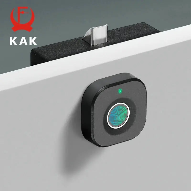 KAK biometric fingerprint lock in black for cabinet doors; square fingerprint sensor with green LED on the front.