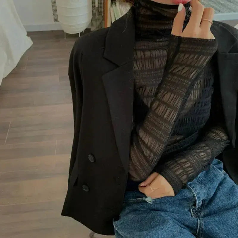 LaceLuxe Women Floral Lace Shirt Mock Neck With Mesh Bottoming Layer For Spring And Autumn Flattering Sheer Look