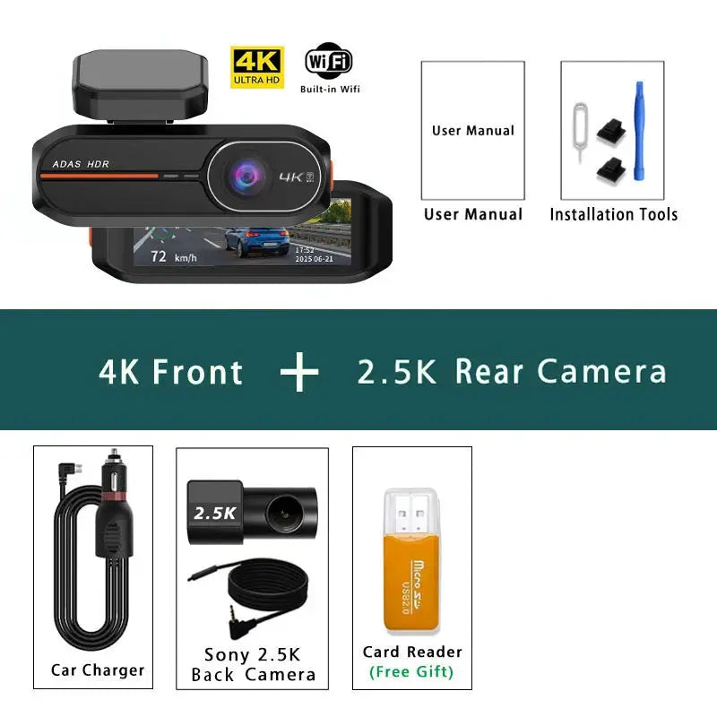 Simples Market 4K dash cam with 2.5K rear camera, WiFi GPS, ADAS, night vision