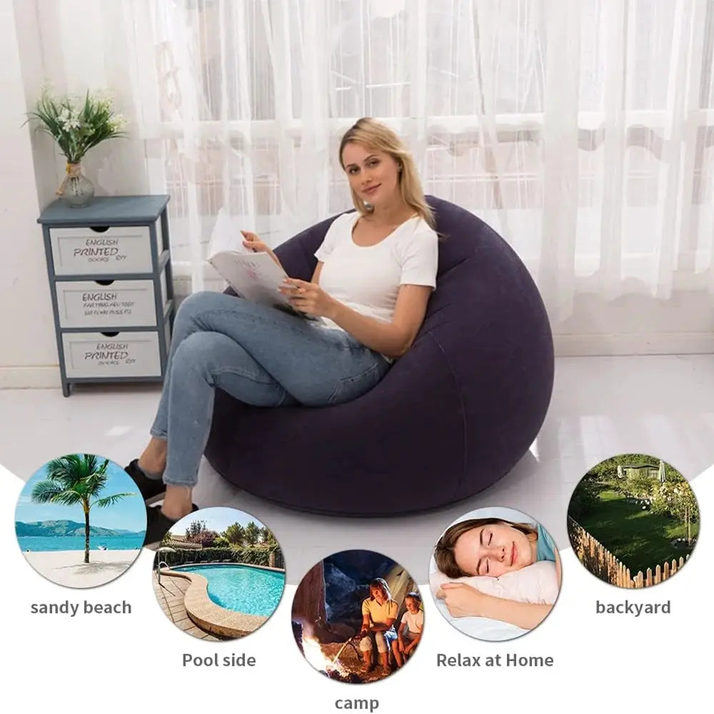 Large inflatable PVC sofa lounger by Simples Market in purple, bean bag-style chair.