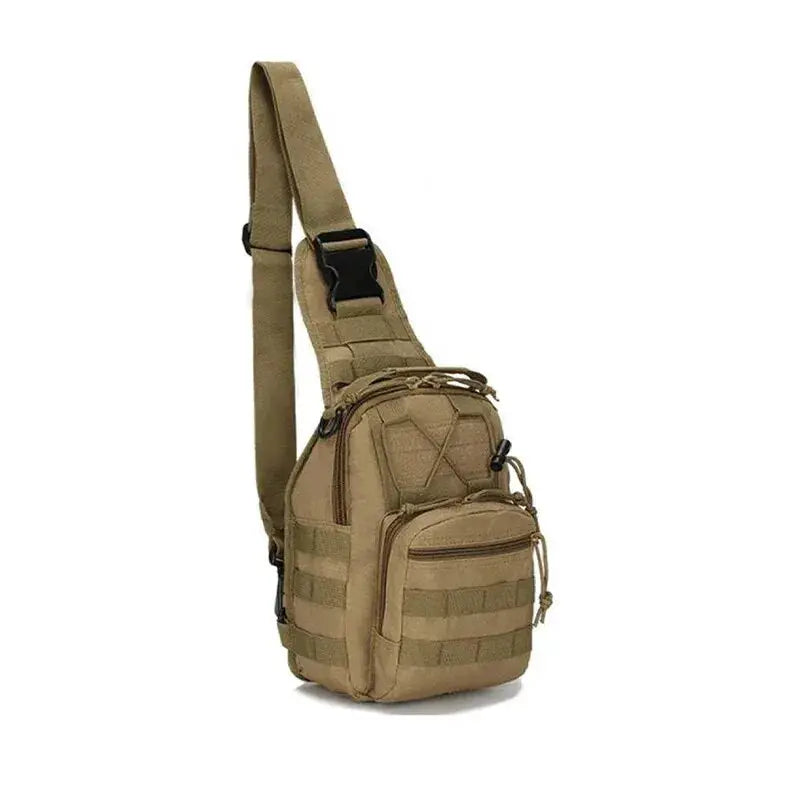 Tan tactical chest bag with MOLLE webbing, multiple zip pockets and adjustable crossbody strap