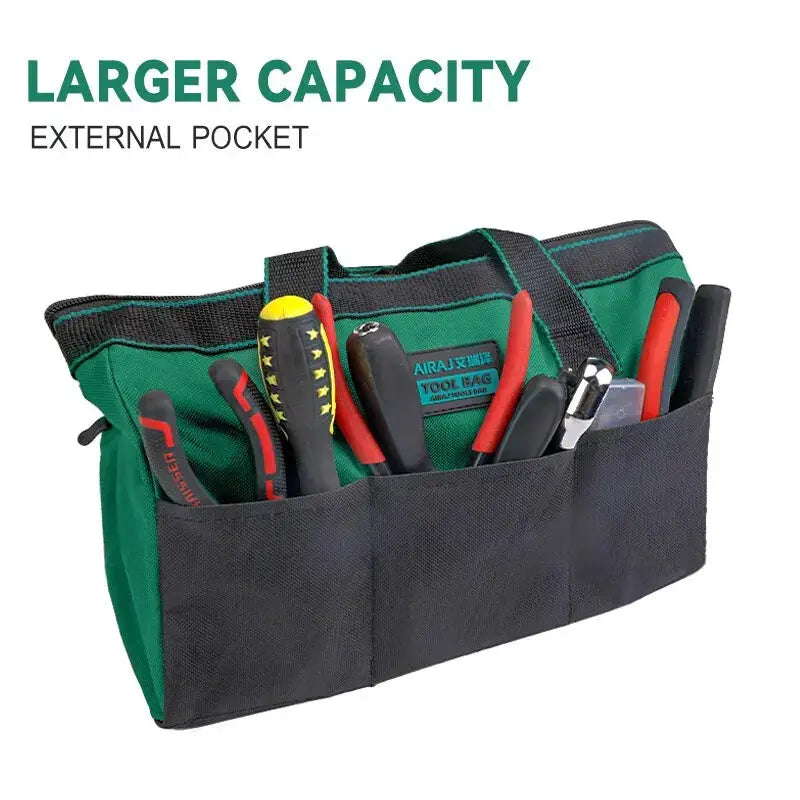 AIRAJ 13 Inch tool bag with green/black Oxford fabric and external pockets holding screwdrivers and pliers