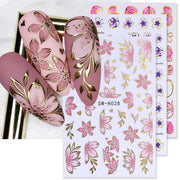 Nail sticker set with golden pink hibiscus flowers and 3D bronzing borders; 2/3pcs sheets for DIY manicure