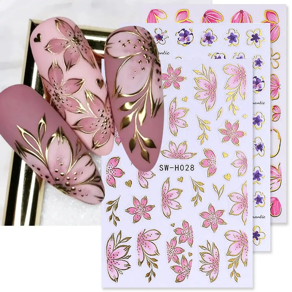 Nail sticker set with golden pink hibiscus flowers and 3D bronzing borders; 2/3pcs sheets for DIY manicure
