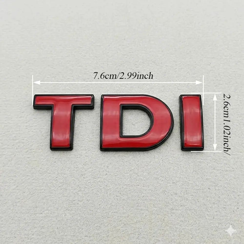 3D red TDI emblem badge with black edging; ABS plastic VW trunk logo, 7.6 cm wide.