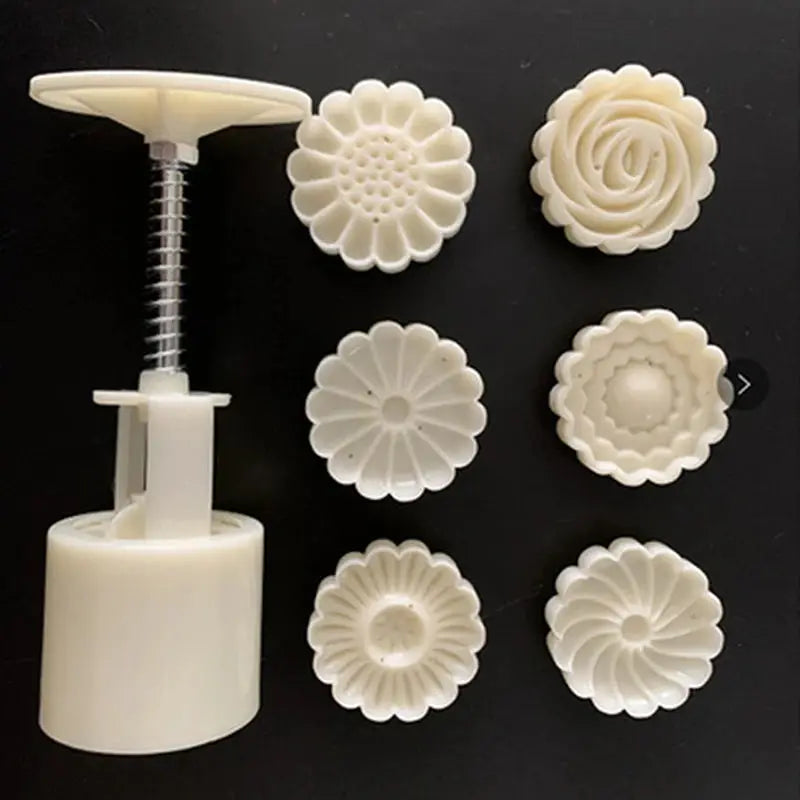 Six Piece 50g Mooncake Mold Set With Pattern Seals For Mid Autumn Cakes Diy Cookies And Floral Desserts