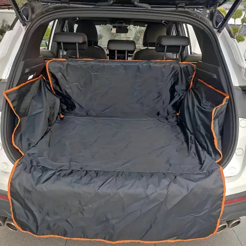Simples Market waterproof SUV trunk mat with orange trim, pet-friendly, scratch-resistant and dirt-resistant backing.