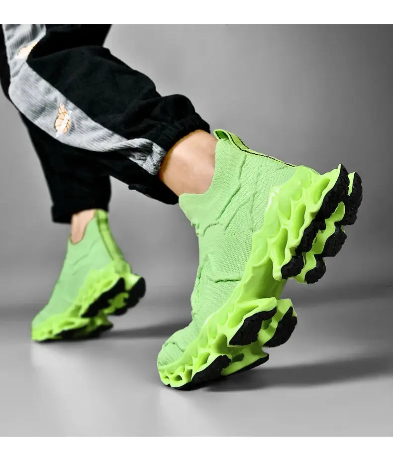 Pair of men's lime green sneakers with breathable knit upper and chunky neon outsole