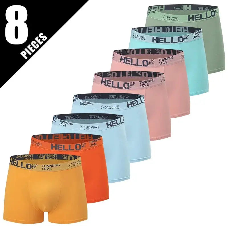 8-pack men's boxer underwear in assorted colors with Hello waistband