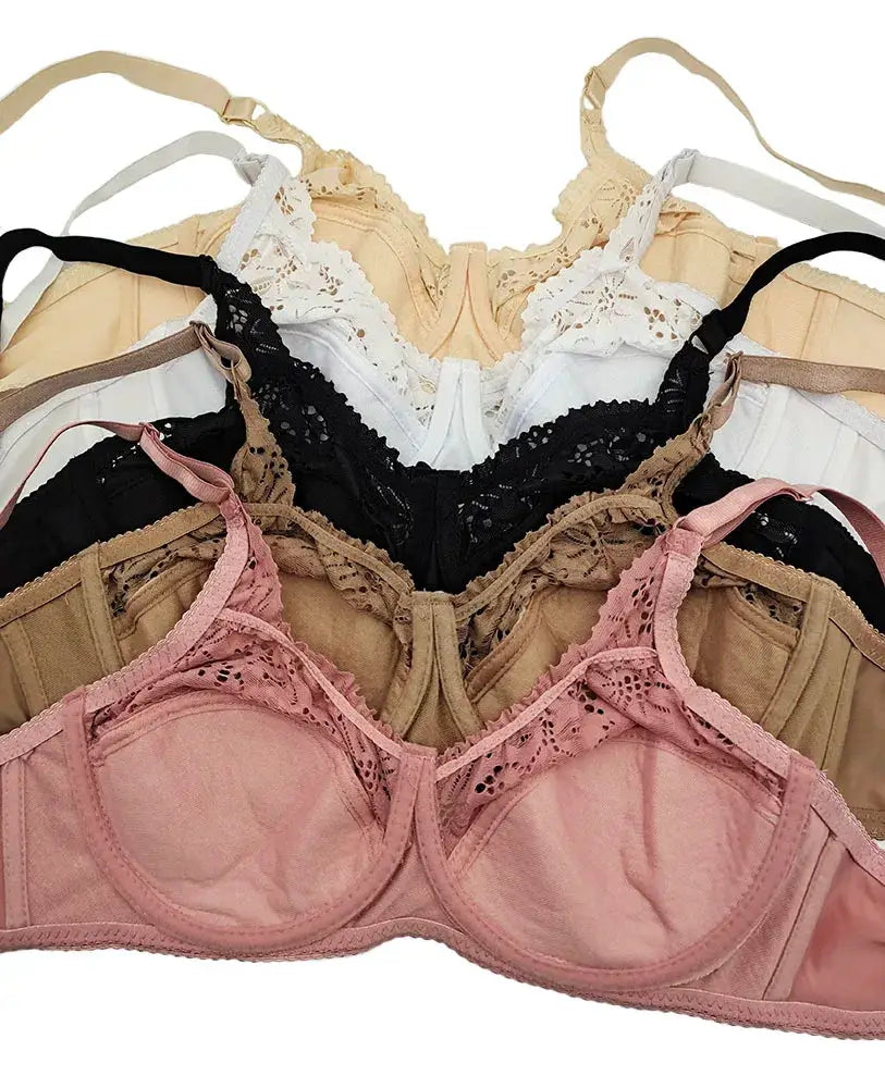 Lace bra set with padded full cups in pink, nude, beige, black, and white; floral lace detailing.