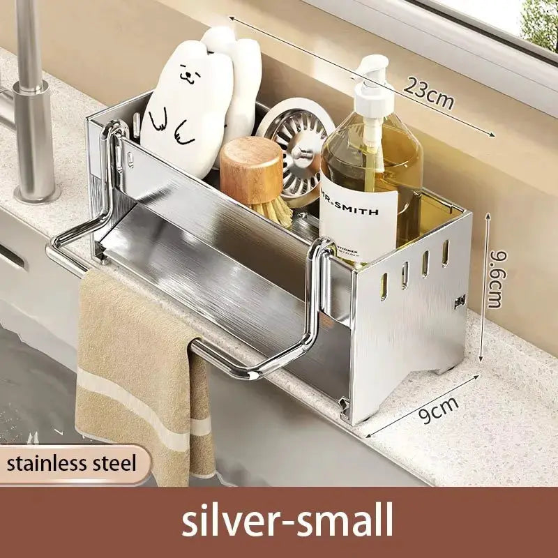 Stainless steel sponge rack for kitchen sink by Simples Market, silver multi-functional drain shelf with towel bar