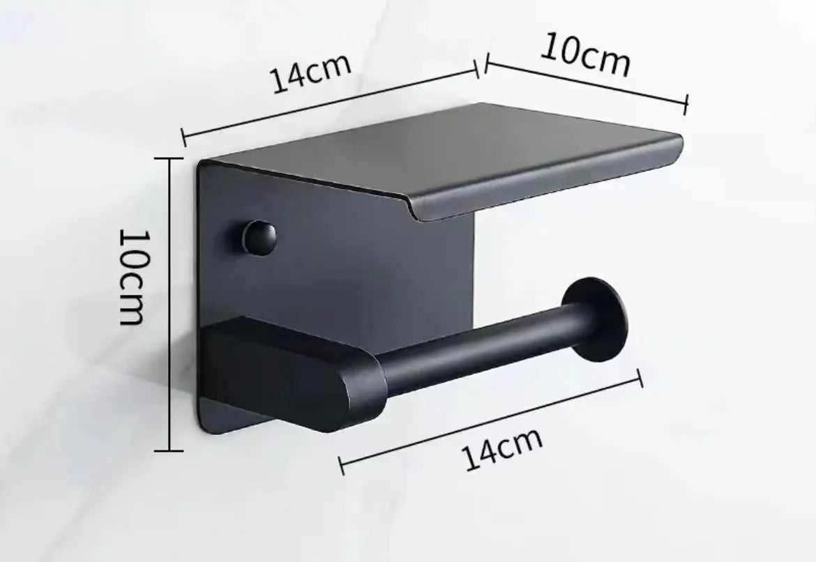 Stainless steel bathroom paper holder with top shelf, Simples Market, wall-mounted no-drill, black finish
