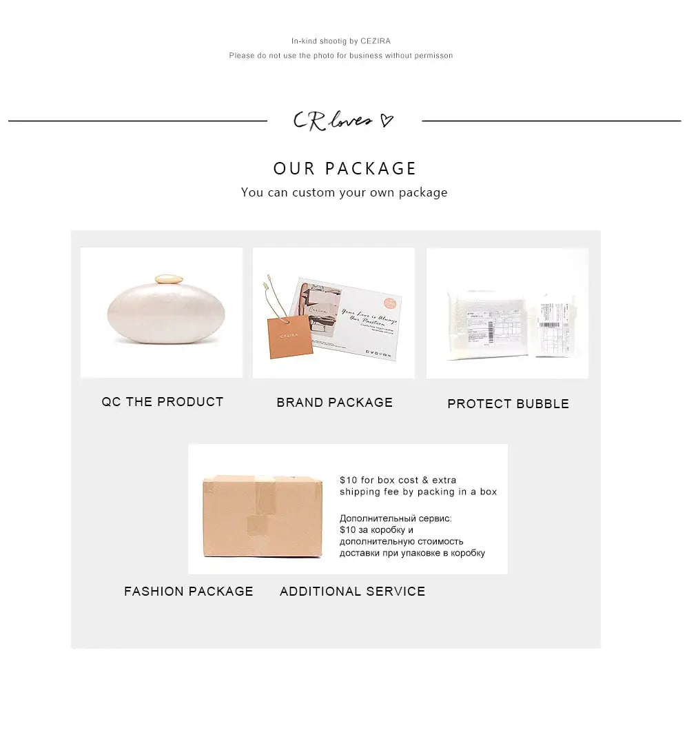 Simples Market women's evening clutch packaging options: QC product, brand package, bubble wrap, fashion box