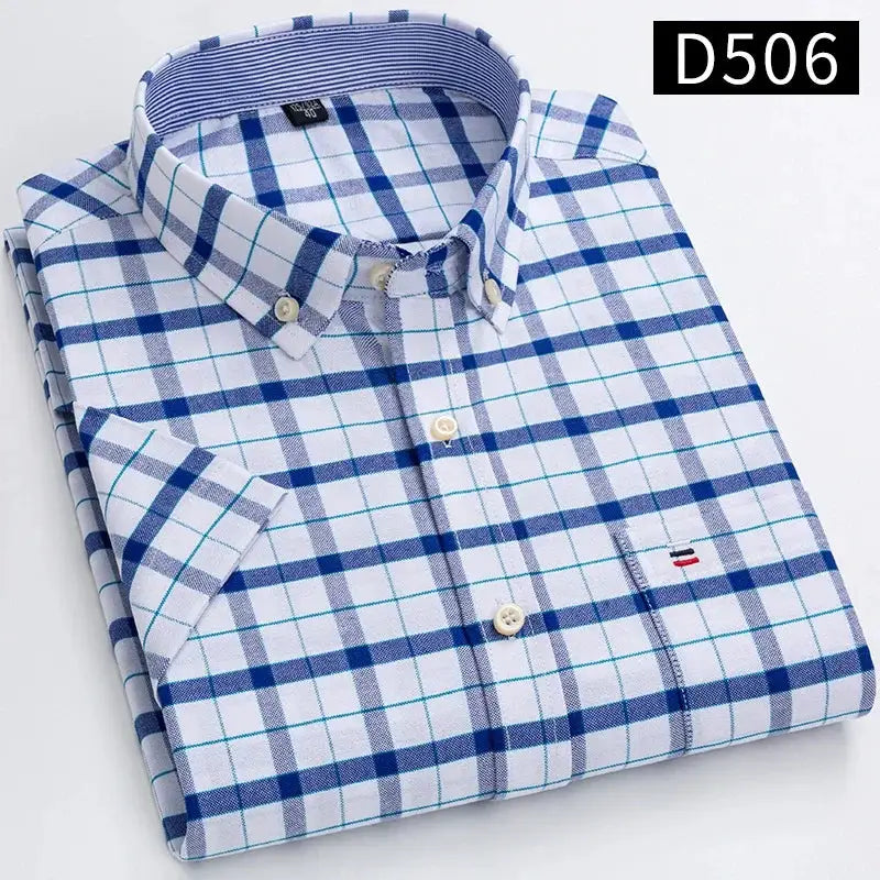 Simples Market men's 100% cotton oxford plaid shirt, blue and white, short sleeve