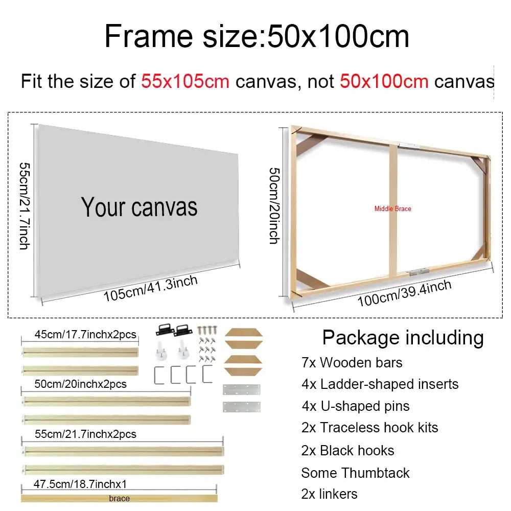 Simples Market natural wood canvas frame set with hardware for 55x105 cm canvases; includes wooden bars and fittings.