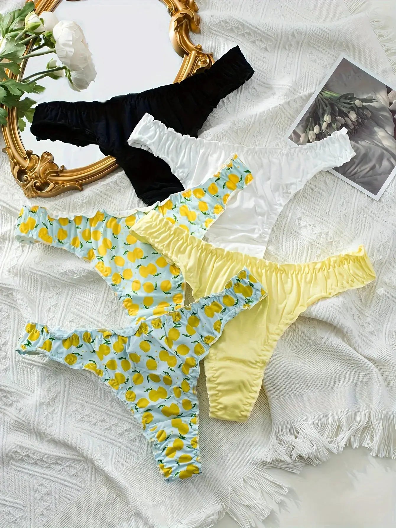 5-piece mixed fruit-pattern cotton ruffled women's thong set by Simples Market in black, white, lemon-print blue, yellow