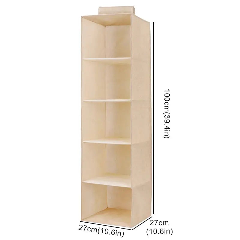 Simples Market cotton-linen hanging wardrobe organizer, beige five-shelf unit, 100 cm tall