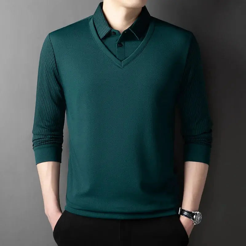 Men's teal green mock two-piece polo shirt with long sleeves and layered look