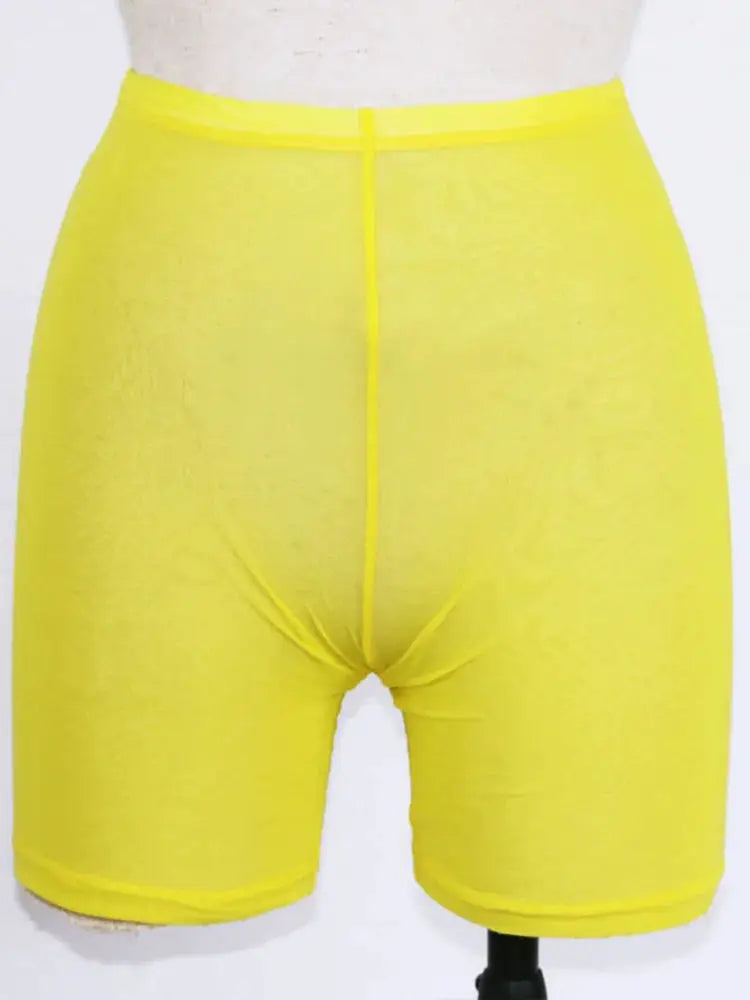 OMSJ yellow mesh high-waist shorts for women, lightweight summer casual shorts