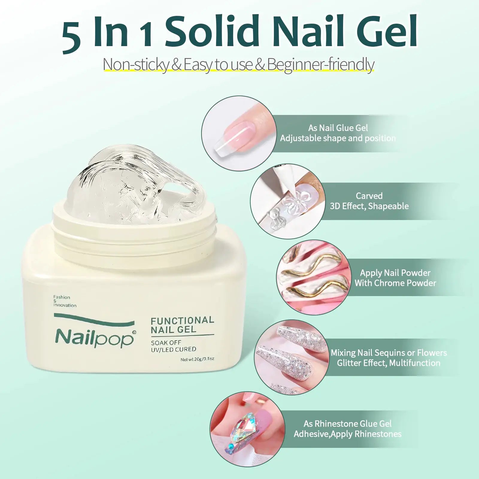 Nailpop Solid Nail Gel Glue For Press On Nails Strong Clear UV Gel Adhesive For Long Lasting Bond
