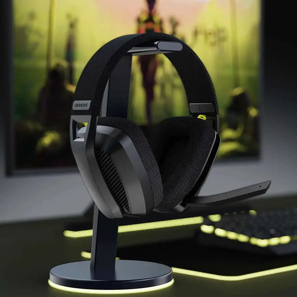 BINNUNE BW06 wireless gaming headset with mic on display stand, black and gray