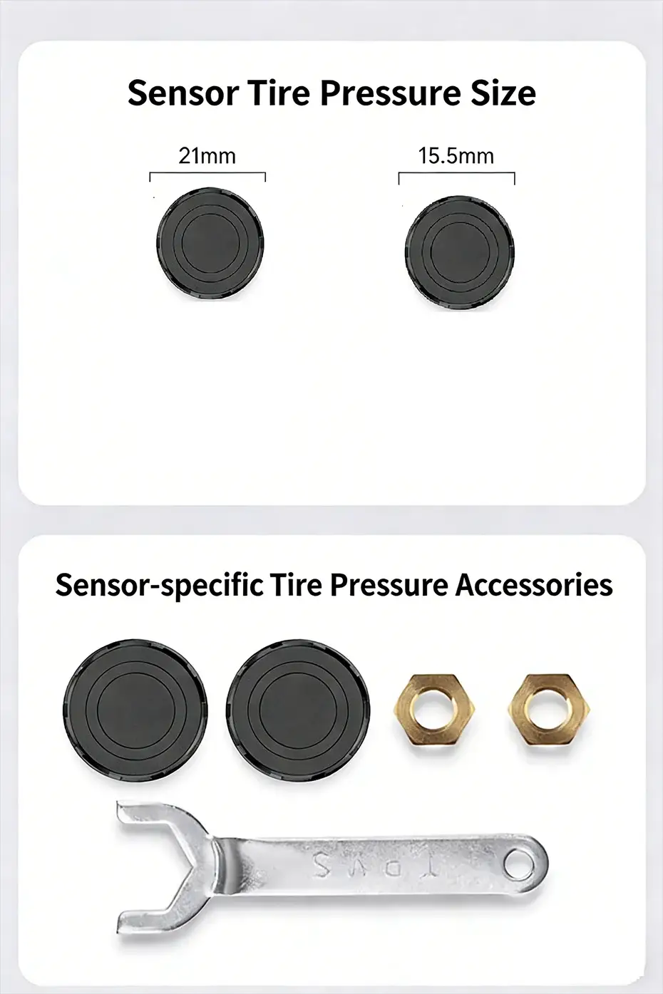 Navifly TPMS sensors and accessories; includes two tire pressure sensors (21mm, 15.5mm), caps, brass nuts, wrench.