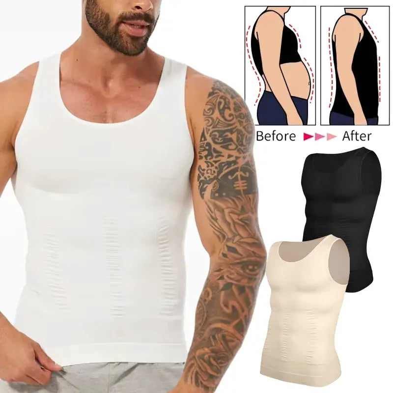 Men compression vest sleeveless shapewear by Simples Market; white, beige, black variants.
